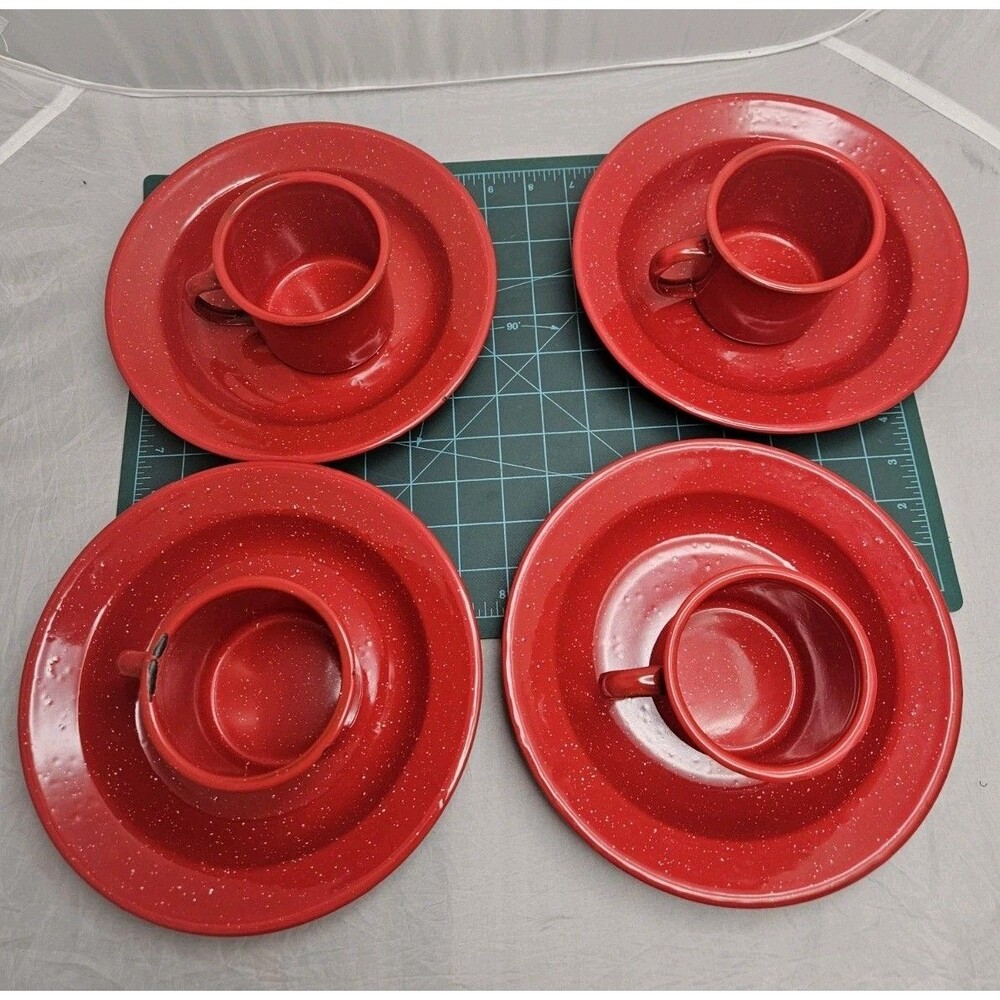 Vintage Red Speckled Camping, Country, Enamelware Dishes Plates & Cups Lot of 8